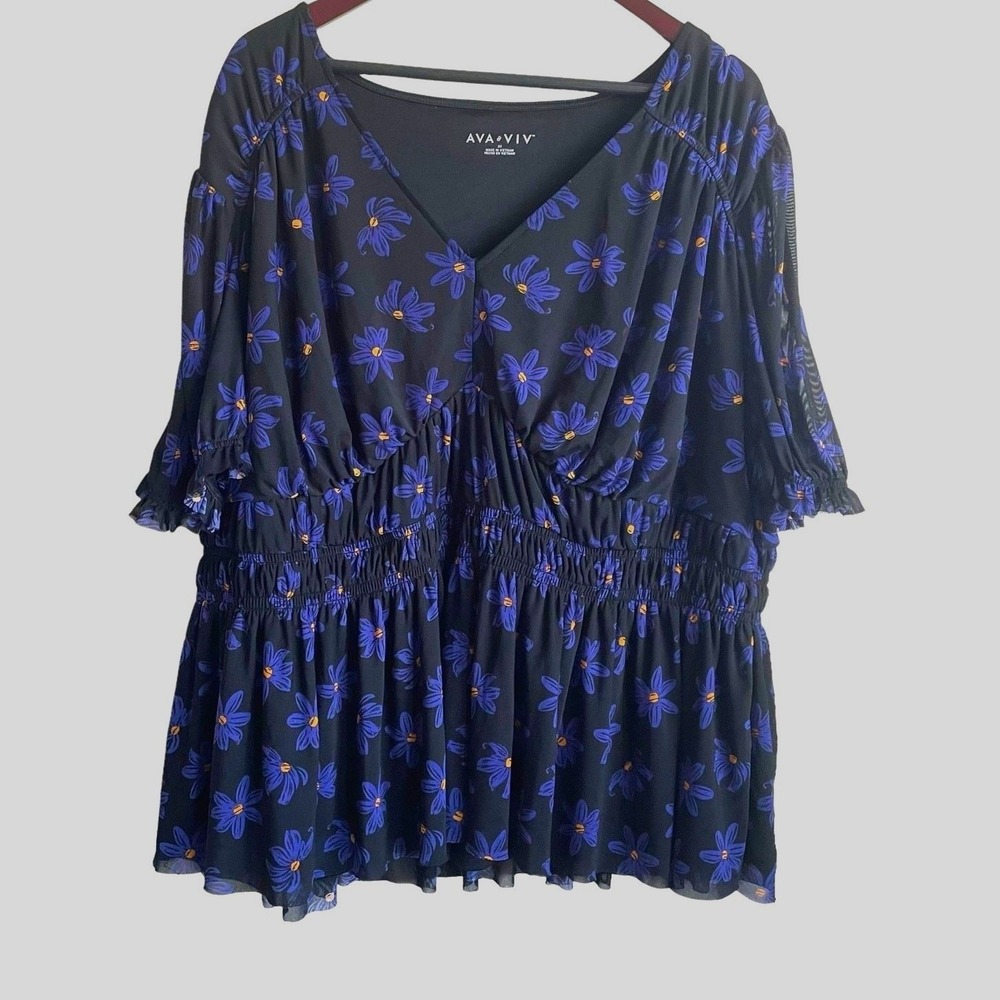 Ava & Viv Women Cottage‎ Dark Romantic Peplum Top 3X Black Floral Mesh Smocked